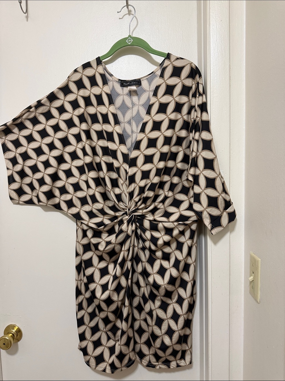 Touch Me Knot-Front Dress in Black & Cream Geometric